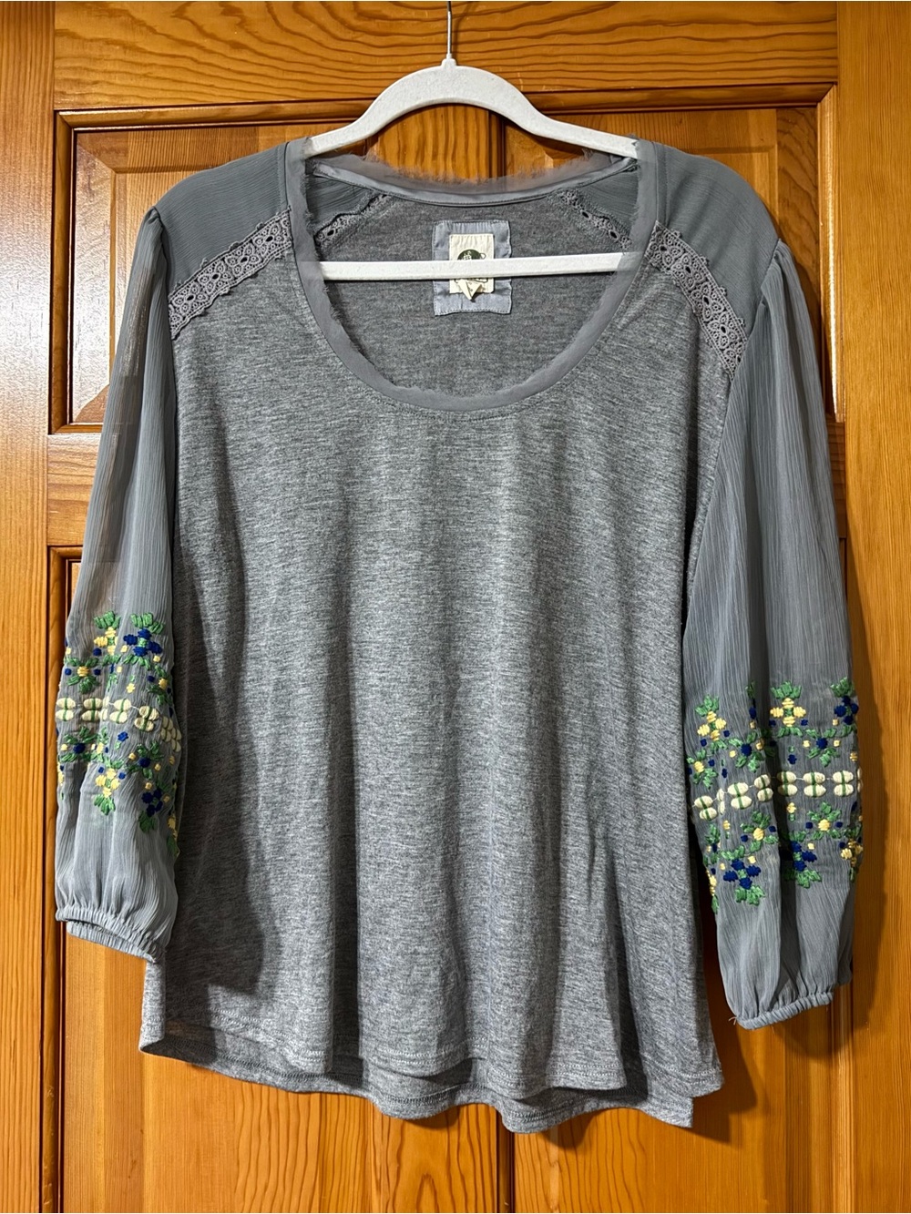 Gray Embroidered Long-Sleeve Scoop Neck Top by Tiny